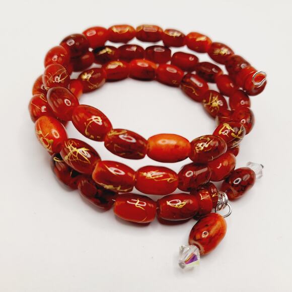 Vintage Asian Bead Memory Wire Bracelet Red Glass Gold Accents Handmade Jewelry - Picture 7 of 10